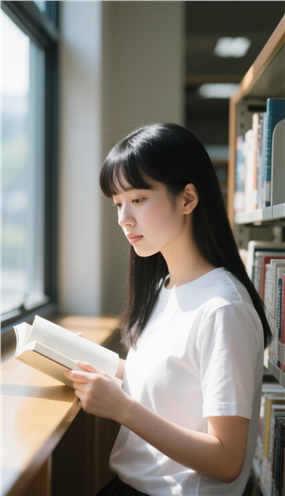 正在图书馆窗边看书的美女图片